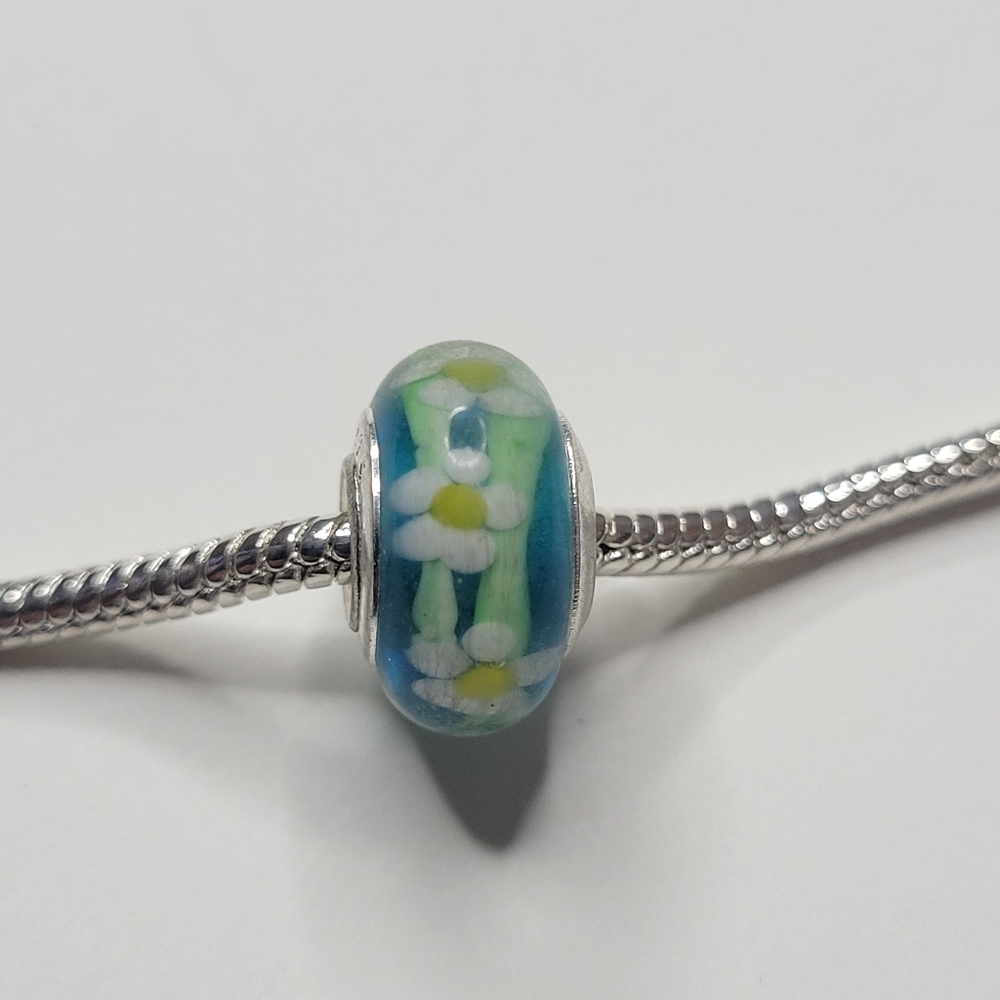 New For Pandora Charm Bracelet 925 Sterling Silver Murano Glass White Daisy Bead